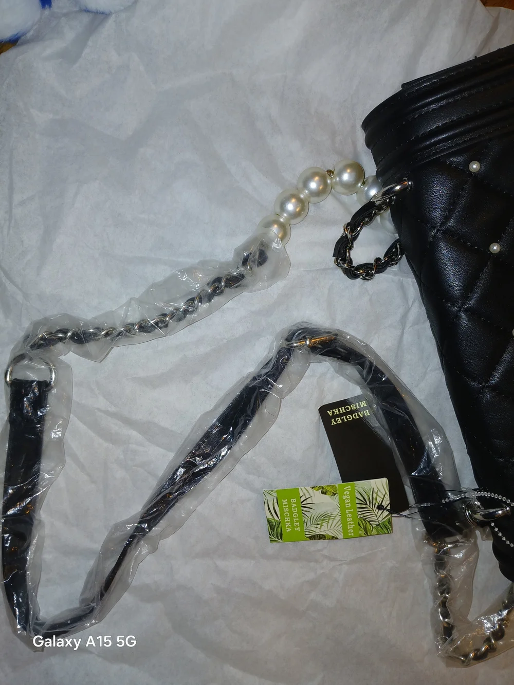 Badgley Mischka Black Quilted Crossbody w/ Pearl Handle Made With Vegan Leather